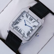 Cartier Santos 100 quartz mens watch replica stainless steel black leather strap